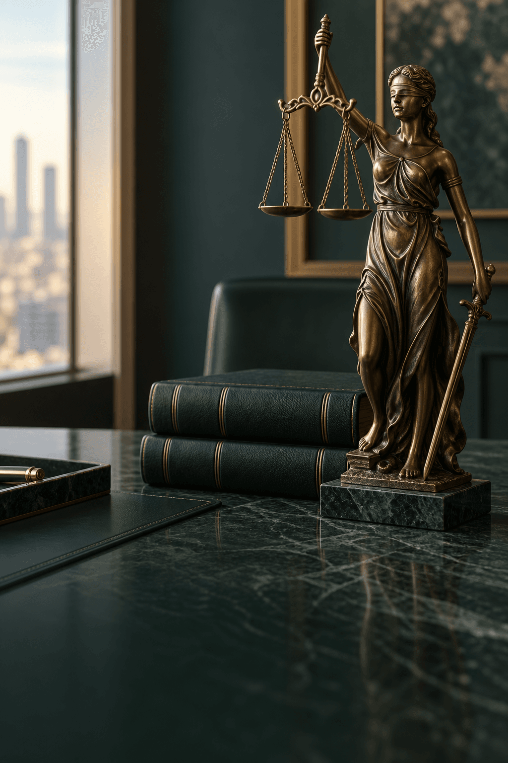 Escultura de la Justicia junto a libros jurídicos
