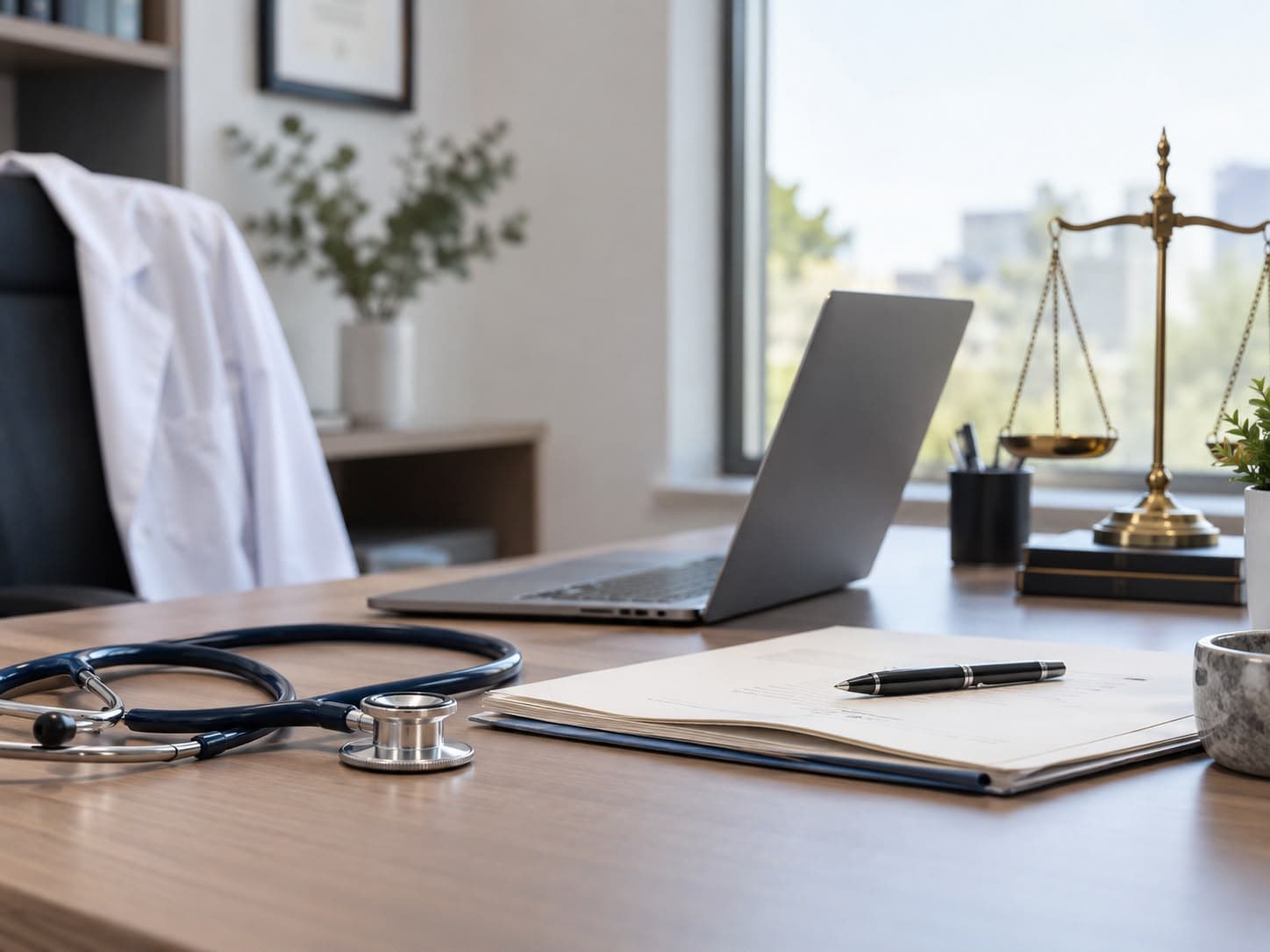 Consultorio médico con documentos y balanza de justicia